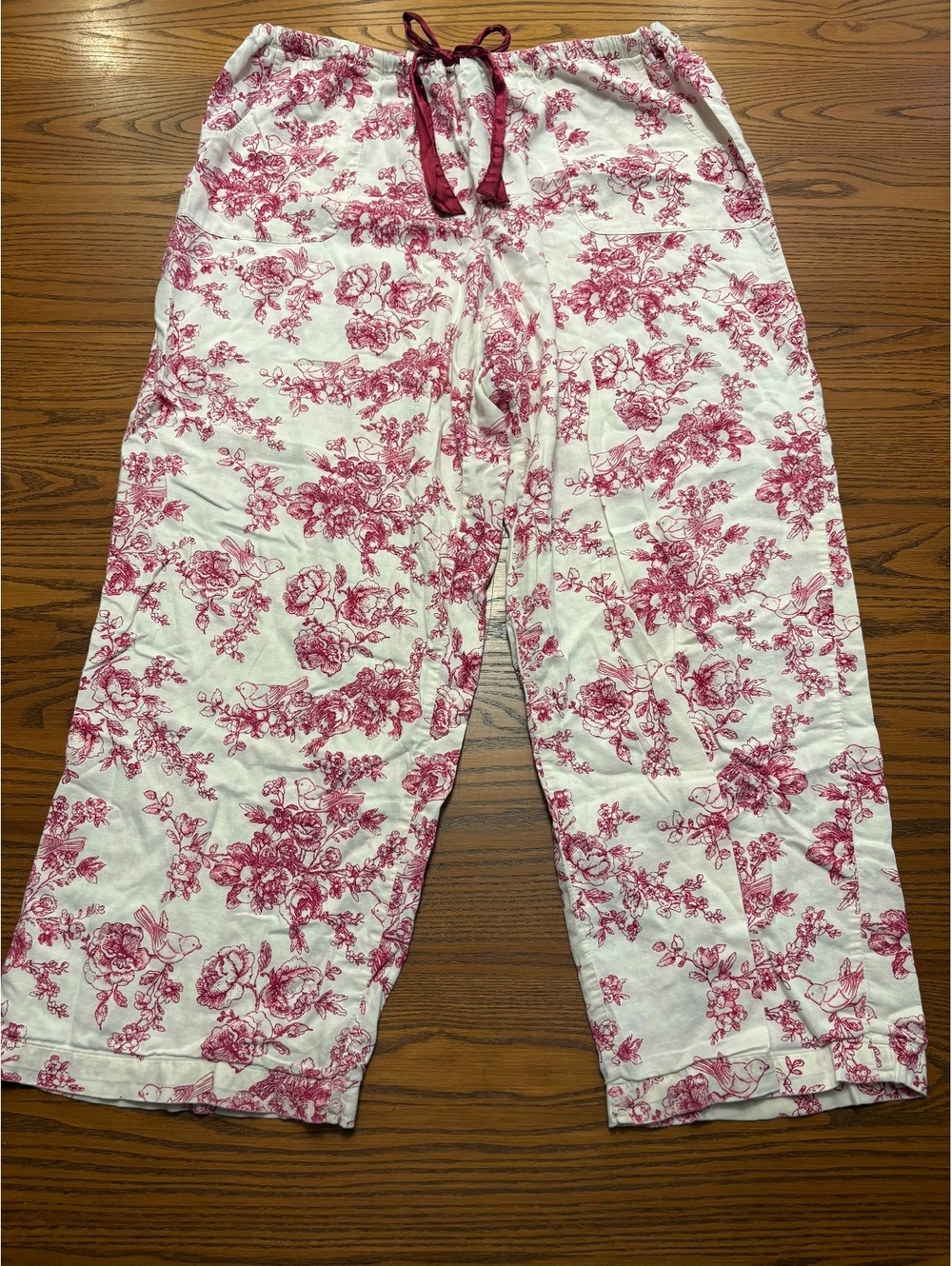 AMBRIELLE XL Pajama Pants Red White Floral Cottagecore Cotton Lounge Bottoms